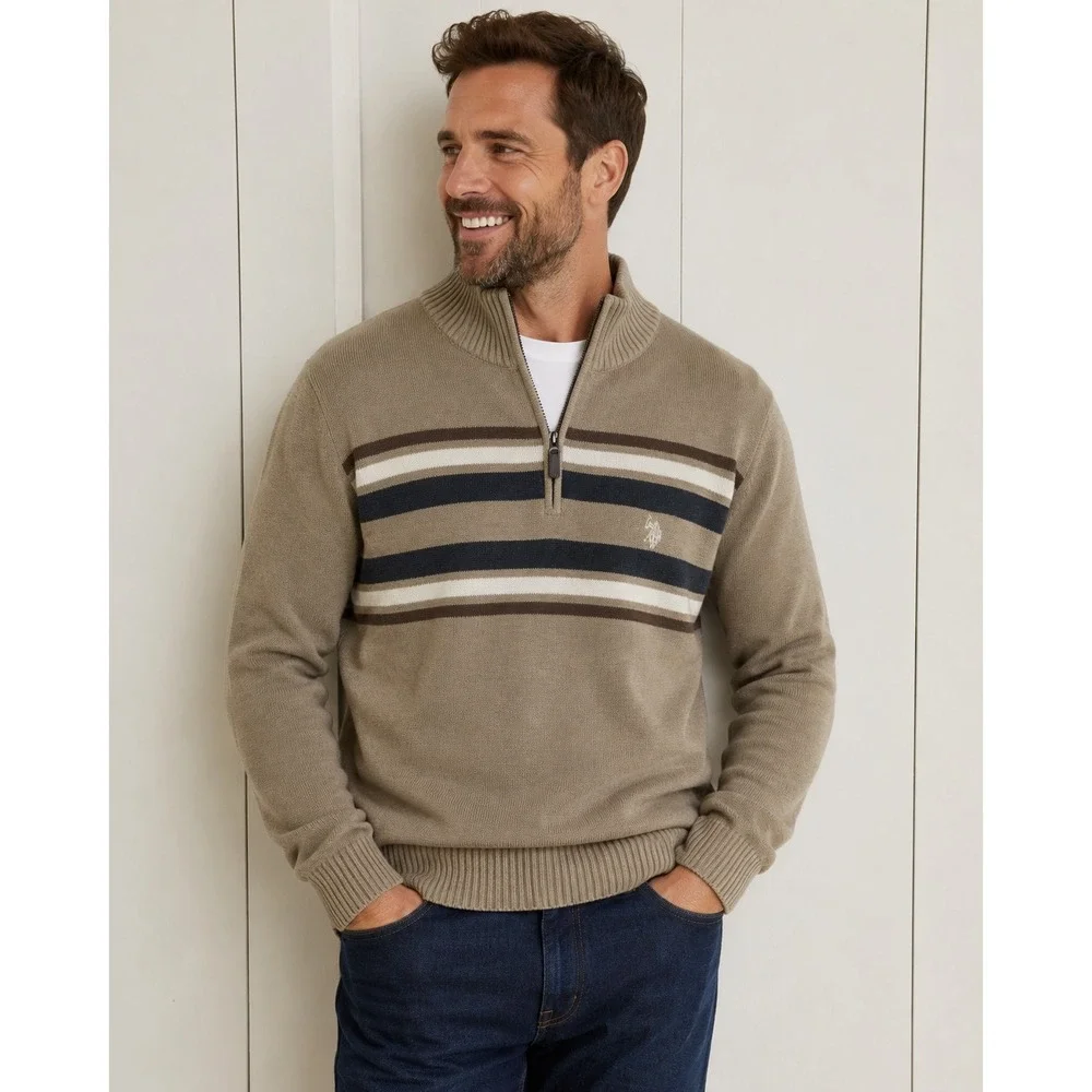 US Polo Assn Quarter Zip Sweater Mens XL Brown Stripe Mock Neck granola gorpcore